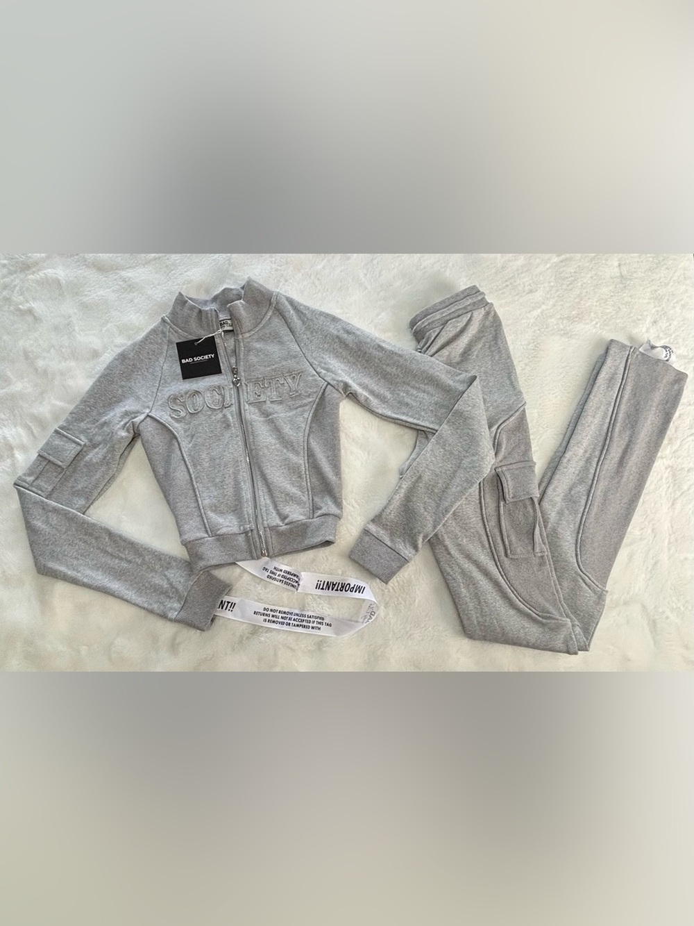 NWT Bad Society Club Grey 2 Piece Tracksuit Contour Cargo Sweatsuit Small - Picture 6 of 16